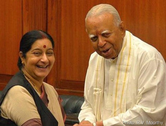 The Hindu Tamil National Alliance leader and Sri Lankan MP R. Sampanthan being greeted by External Affairs Minister Sushma Swaraj during a Meeting at South Block in New Delhi on Friday. Photo: R.V. Moorthy 