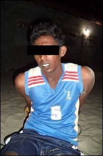 The SL Navy trooper captured by the residents of Vinayaakapuram in Vettilaikkea'ni in the early hours of Wednesday