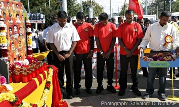 Tamils during a rally denouncing genocide in Sri Lanka at the European headquarters of the UN in Geneva, Switzerland earlier this month. Photograph: Salvatore Di Nolfi/AP